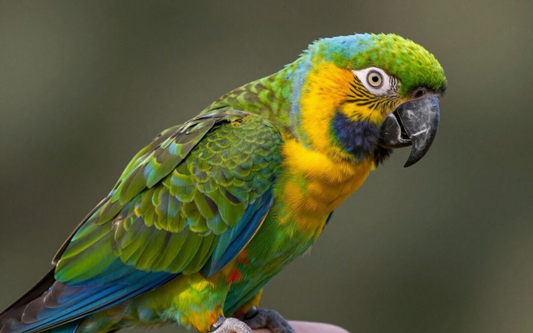 Farbiger Papagei mit grüner, blauer und gelber Gefiederfarbe, sitzend auf einem Ast, ideal für Vogel- und Papageienliebhaber.