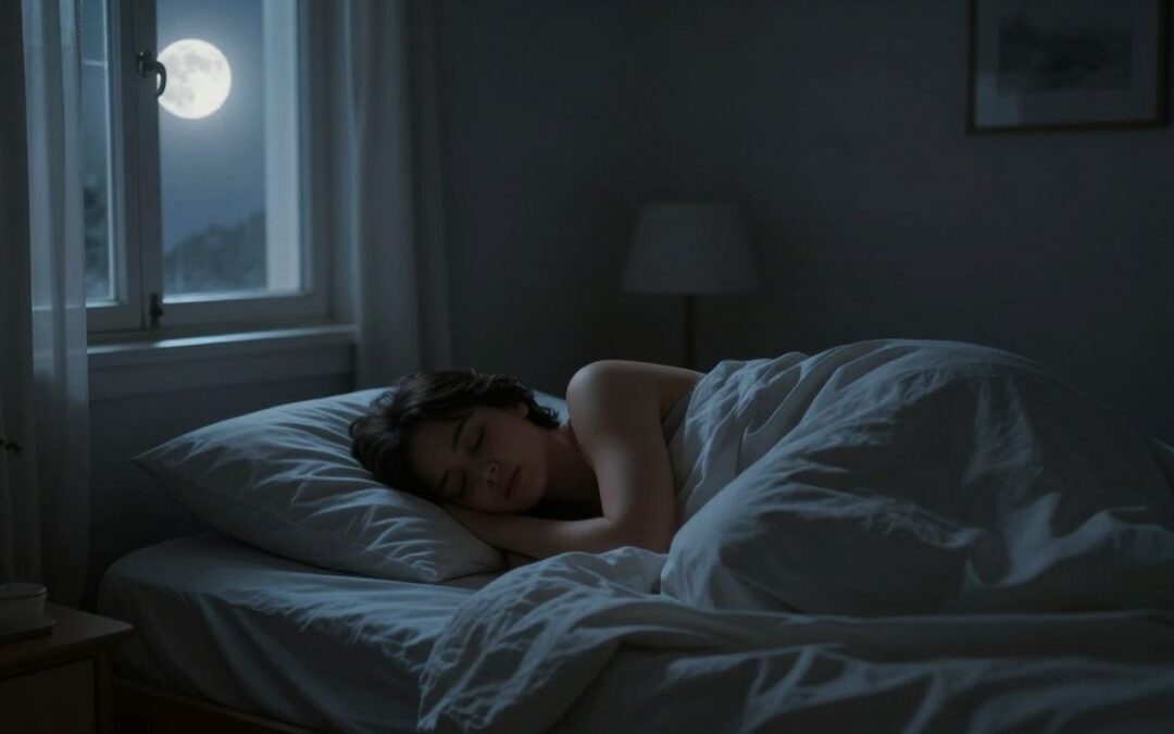 Woman sleeping peacefully in a dark bedroom with a moonlit window, emphasizing the importance of a calm sleep environment for both humans and pet parrots.