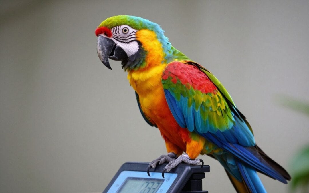 Brightly colored macaw parrot sitting on a digital scale, illustrating proper weighing of parrots for weight control and health monitoring.
