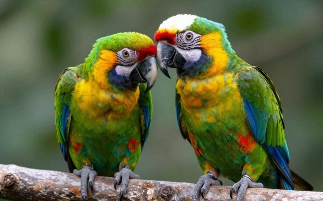 Two vibrant, multicolored parrots perched on a branch, showcasing their bright feathers and striking appearance. Perfect for bird lovers and avian enthusiasts.